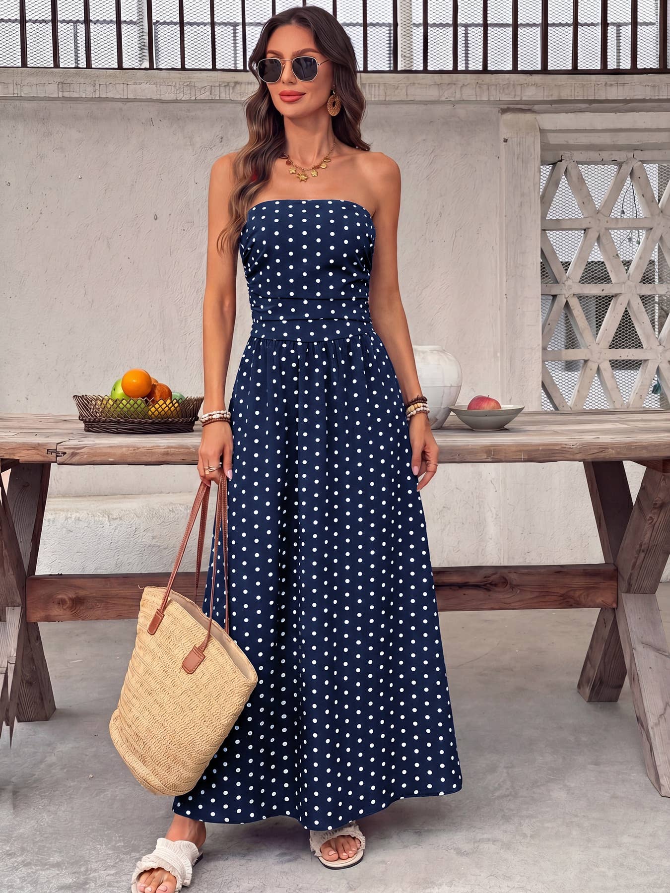 Polka Dot Strapless Maxi Dress Resort Vacation Sundress