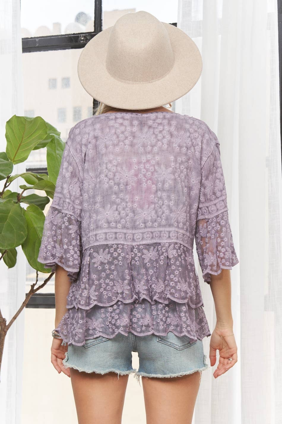 BELL SLEEVES LACE BLOUSE SCALLOP EDGE