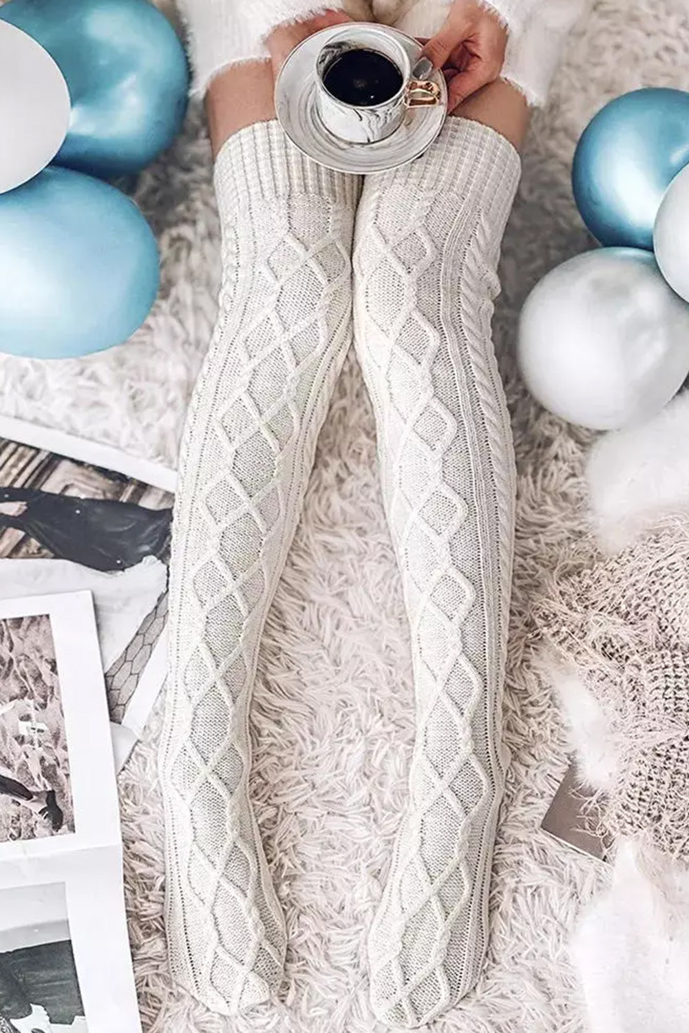 White Cable Knit Thigh High Winter Socks