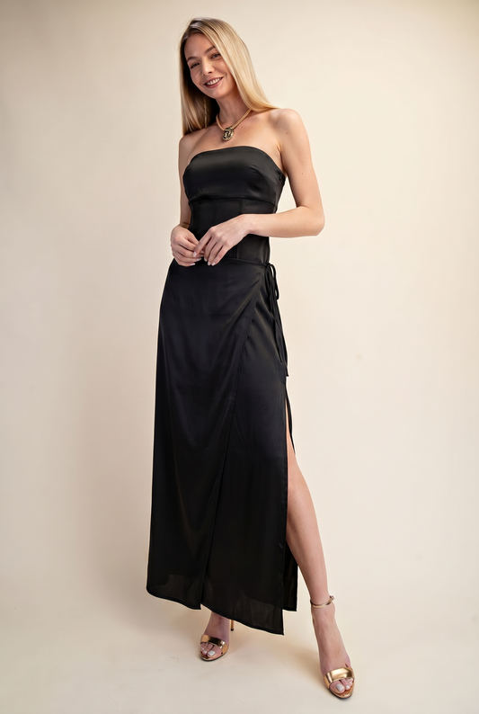 Strapless Satin Wrap Maxi Dress with Side Slit