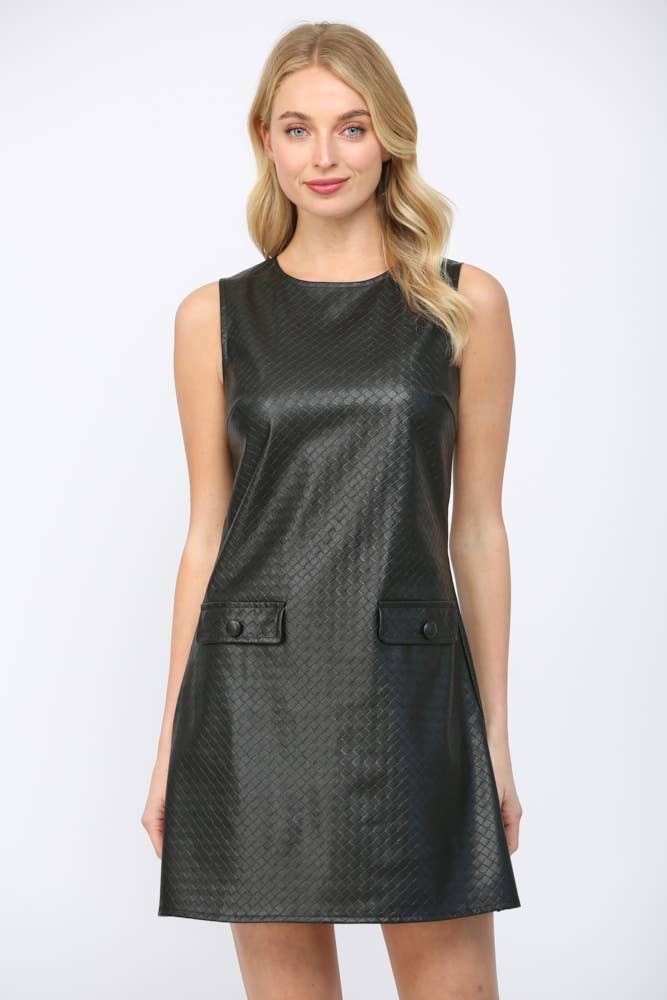 BASKETWEAVE PATTERN FAUX LEATHER SLVL DRESS