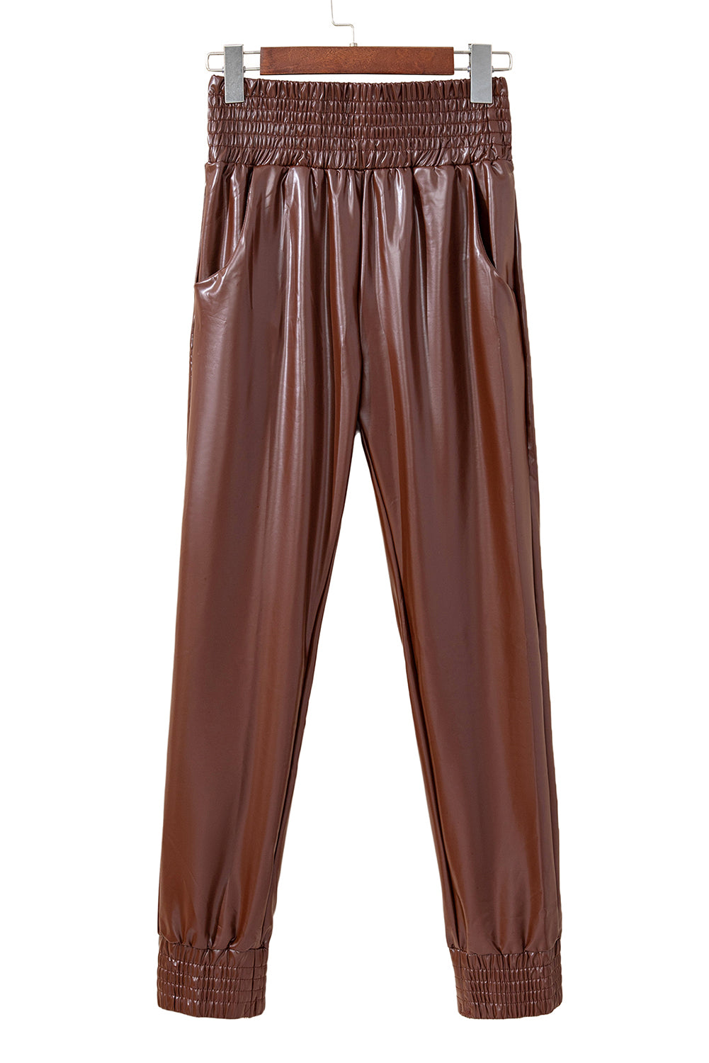 Smocked High Waist Leather Skinny Pants