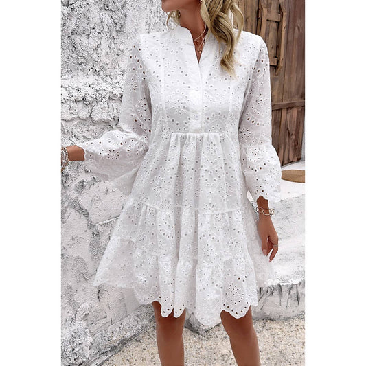 V Neck Button Flared Sleeves Hollow Out Lace Dress