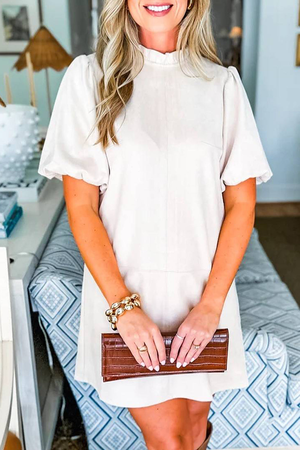 Moss Green Frill Neck Puff Sleeve Mini Dress