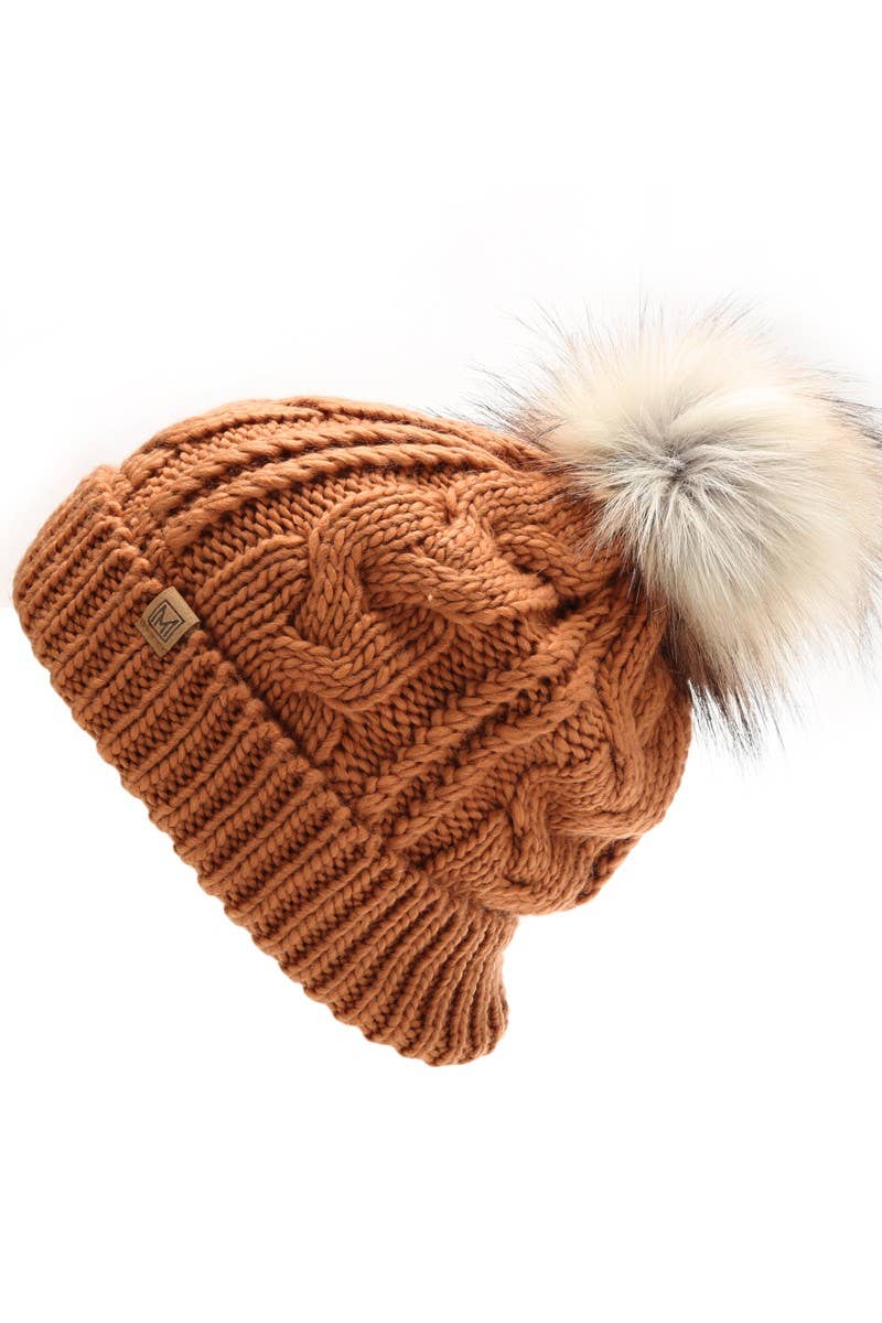 Women's Faux Fur Pom Beanie Hat with Sherpa Lining