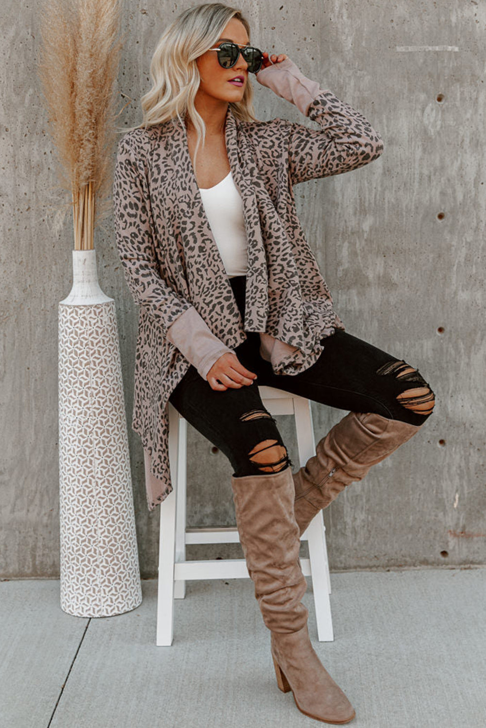 Long Cardigan Cheetah Print Cowl Neck Open Front