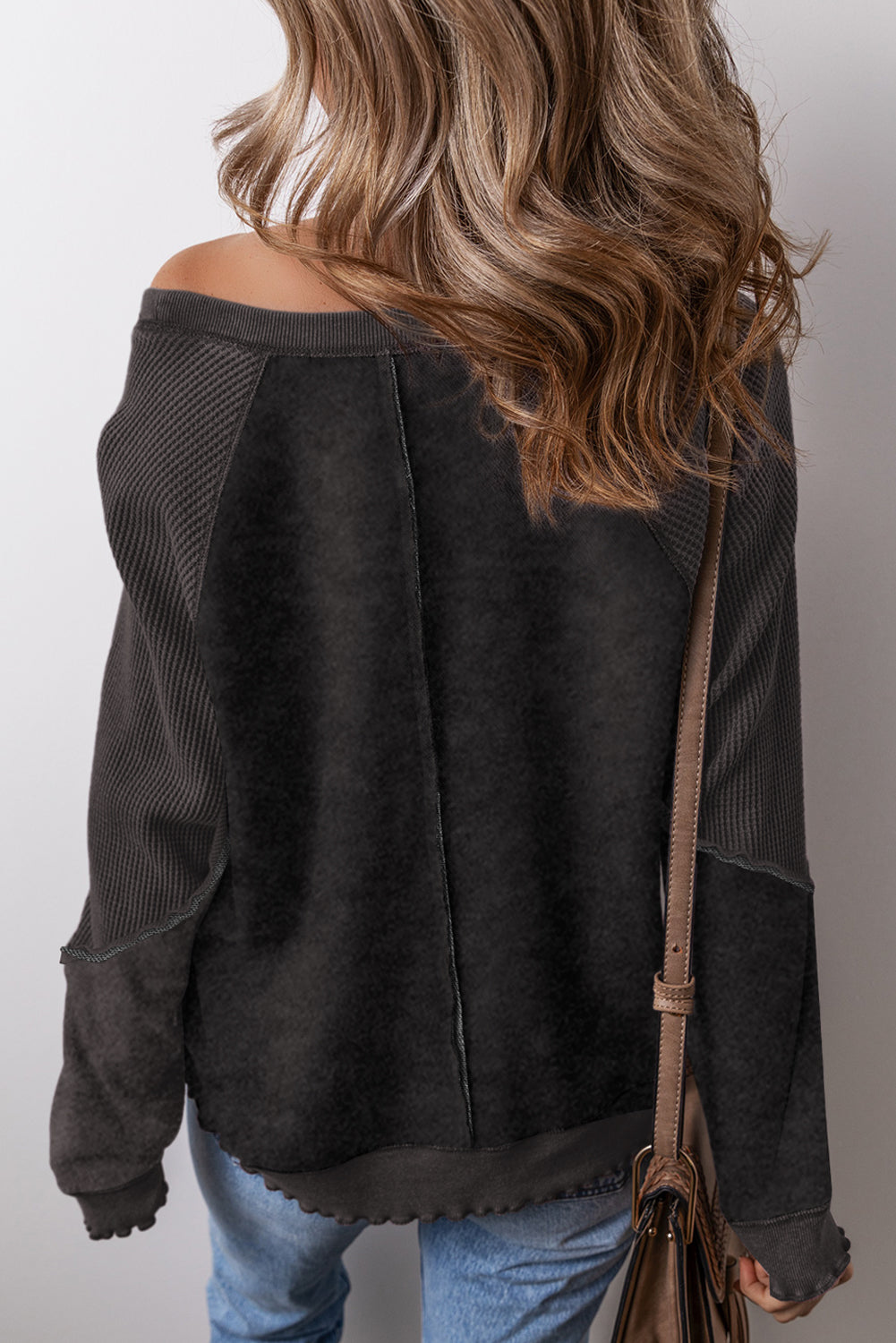 Orchid Petal Waffle Patchwork Raglan Sleeve Exposed Seam Sweatshirt
