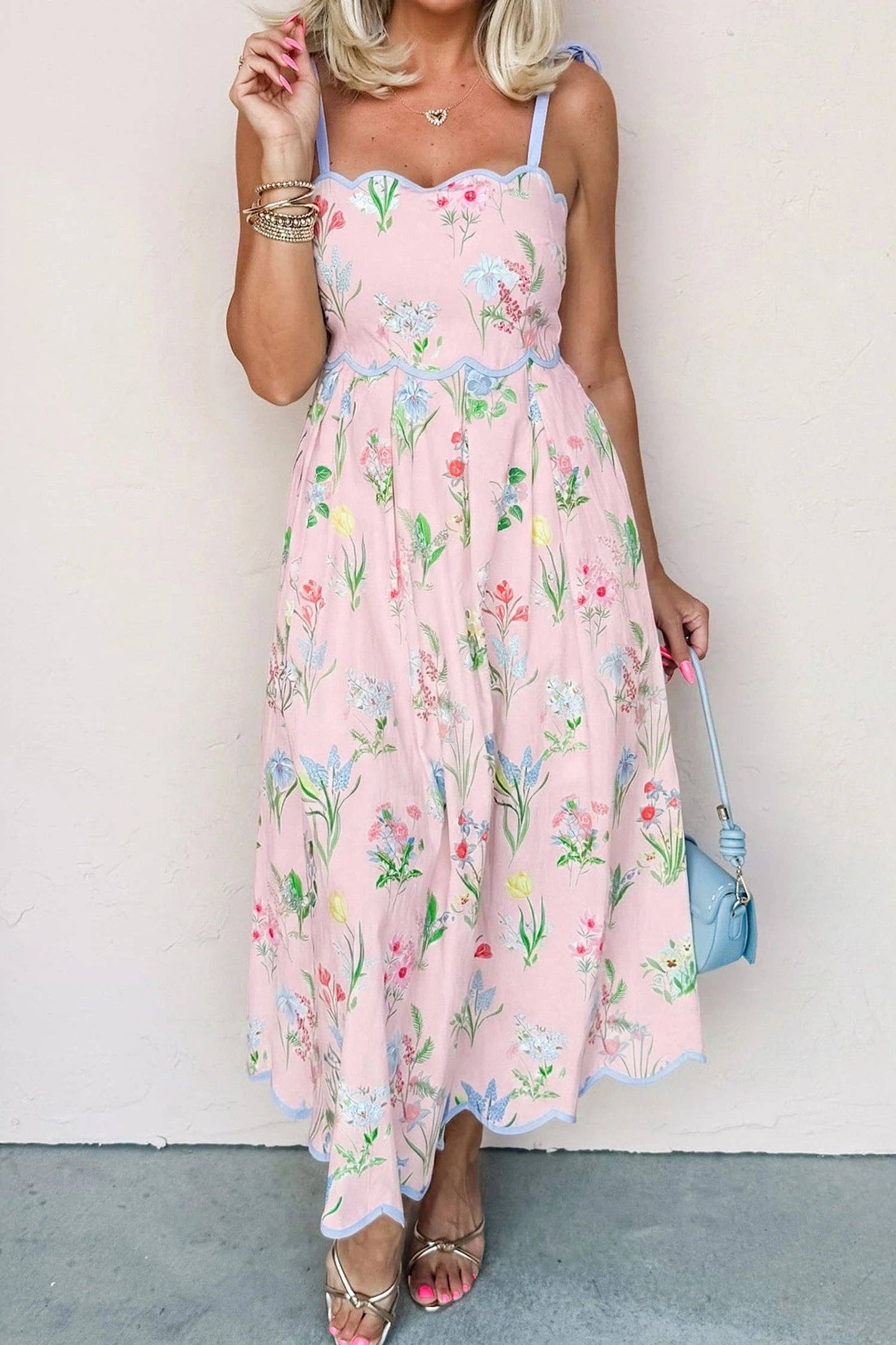 Beige Floral Print Contrast Trim Self-tie Straps Midi Dress