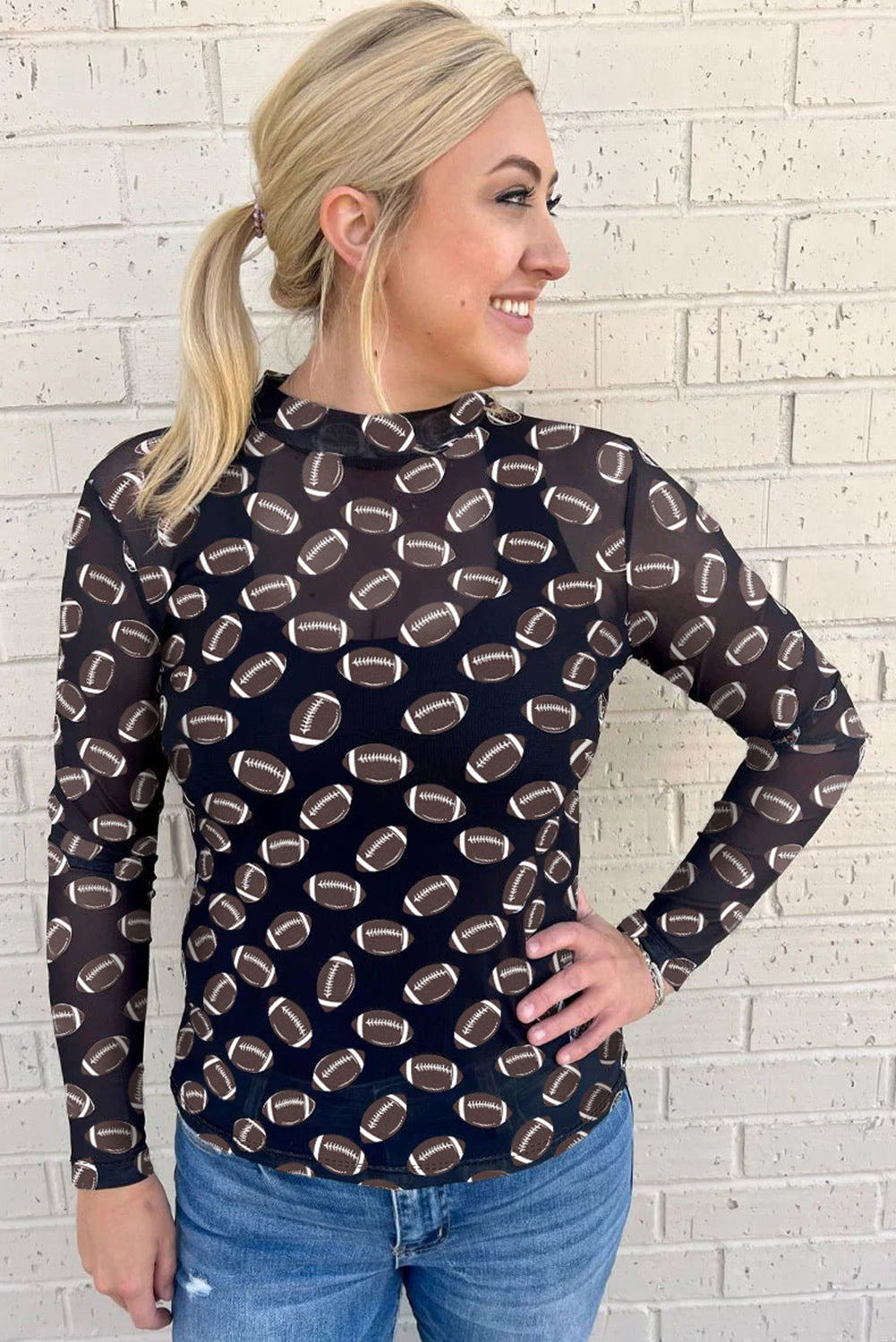 Brown Game Day Football Mesh Sheer Long Sleeve Top