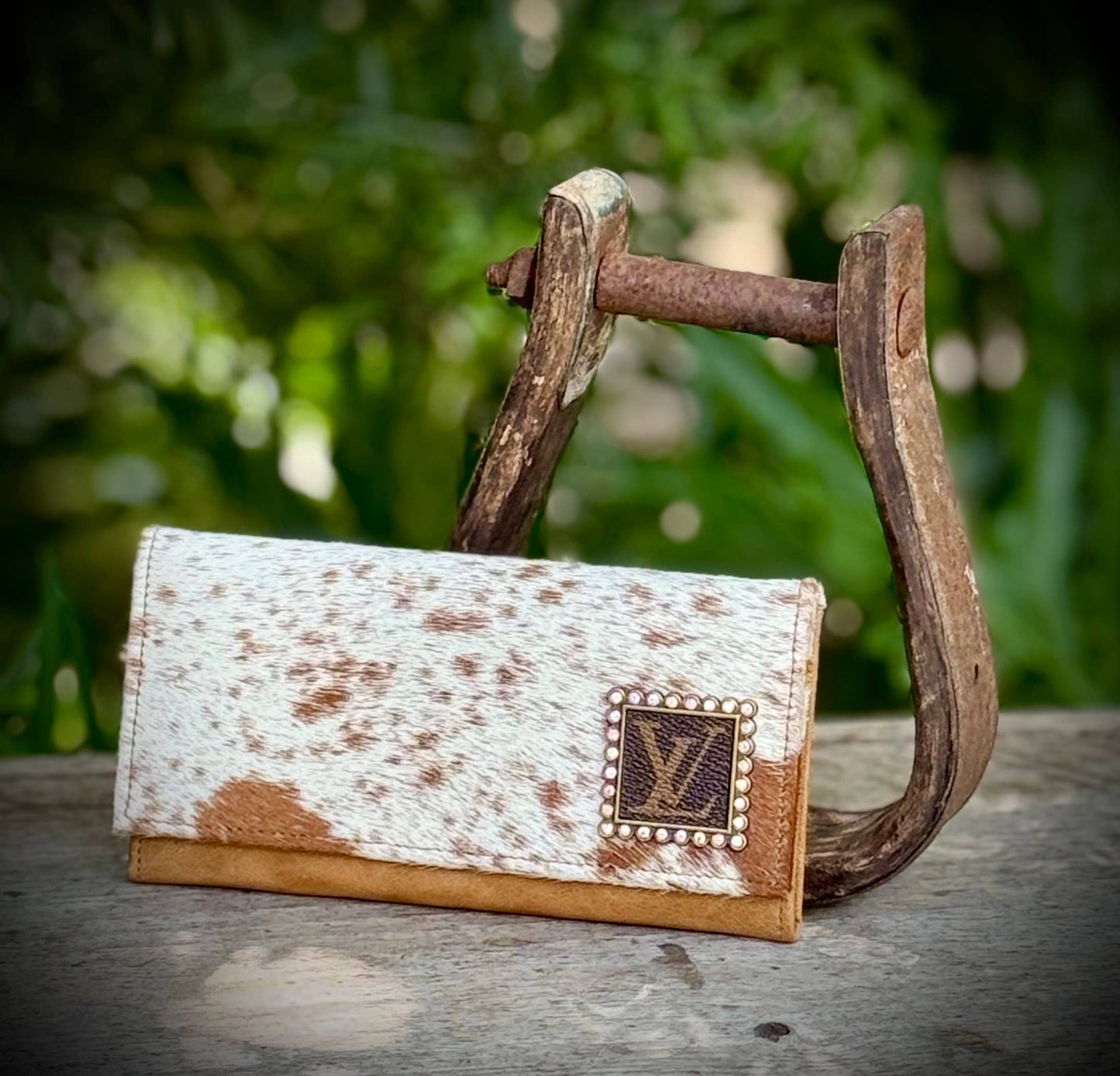 Upcycled LV Cowhide Leather Wallet Card Holder Western