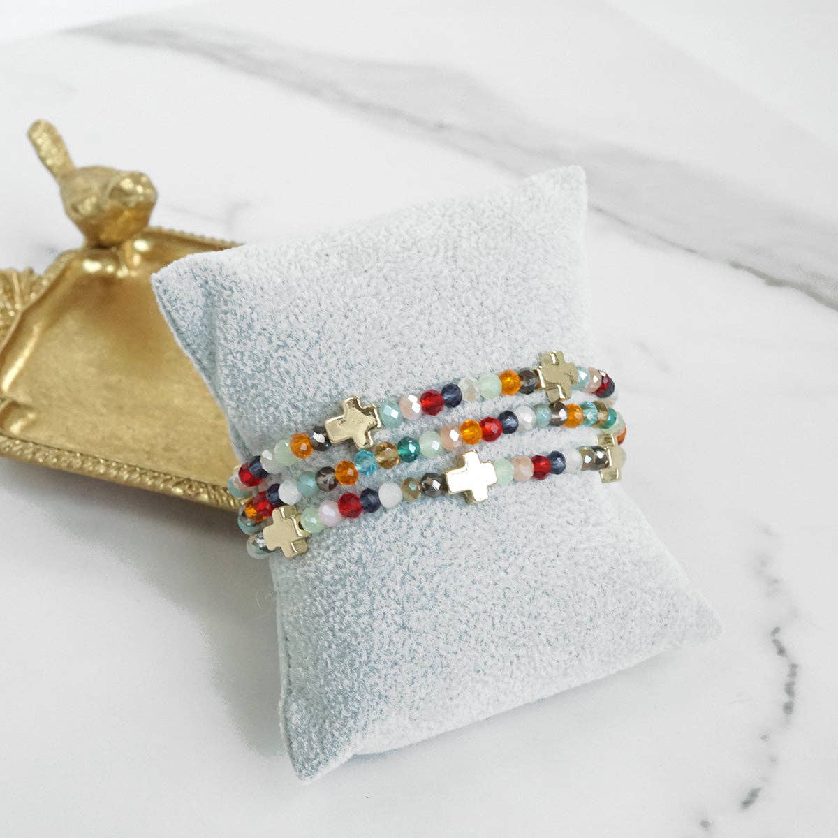 Mini Sideways Cross Bracelet stack Glass and gold metal beads