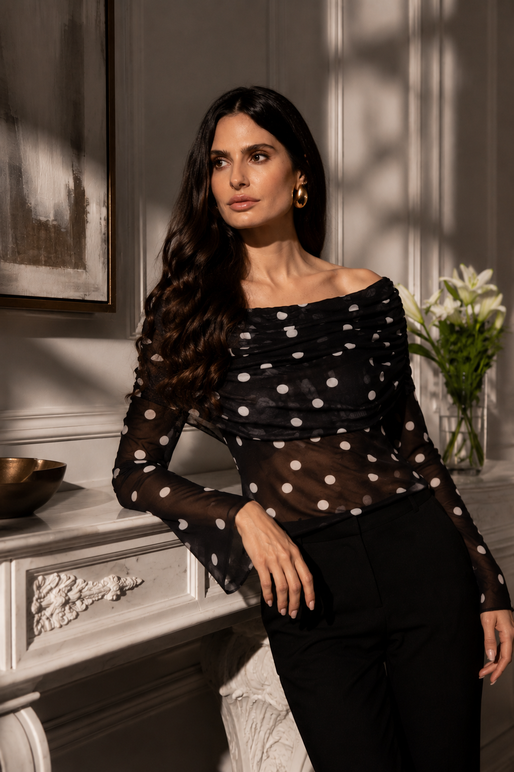 A646-A Polka Dot Off-Shoulder Mesh Top
