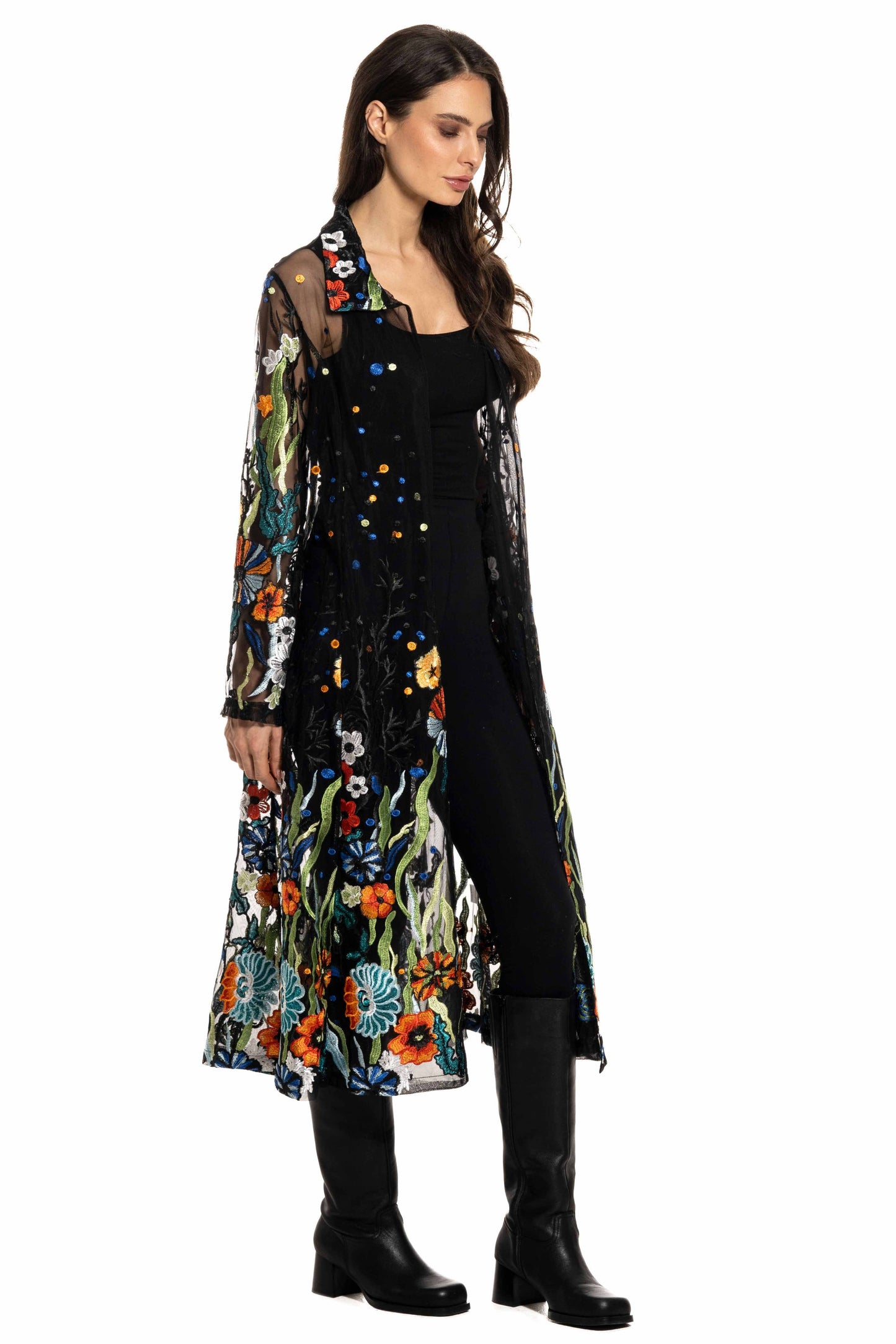 Black Embroidered Sheer Duster