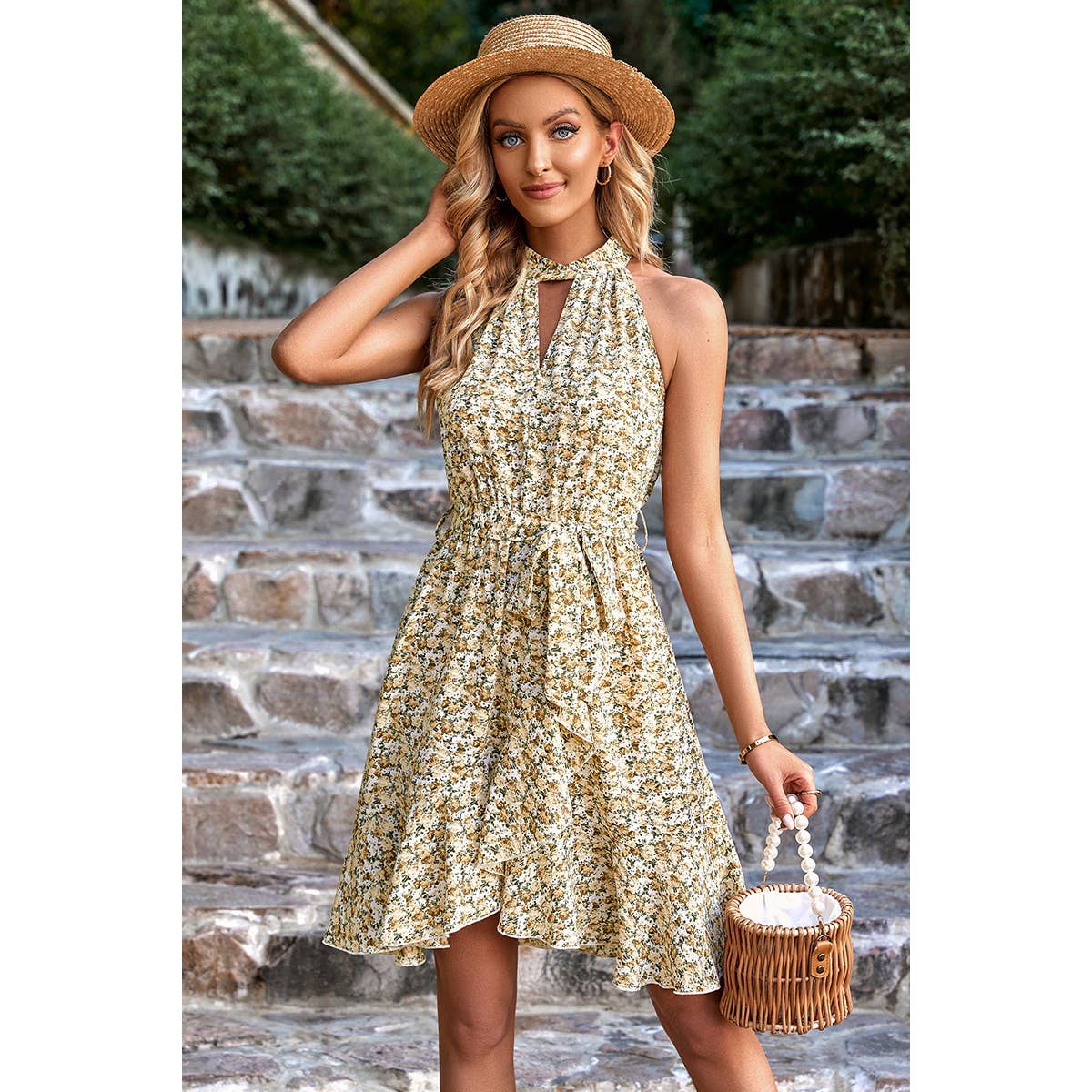 Floral Print Sleeveless Belt Cross Ruched Hem Dress