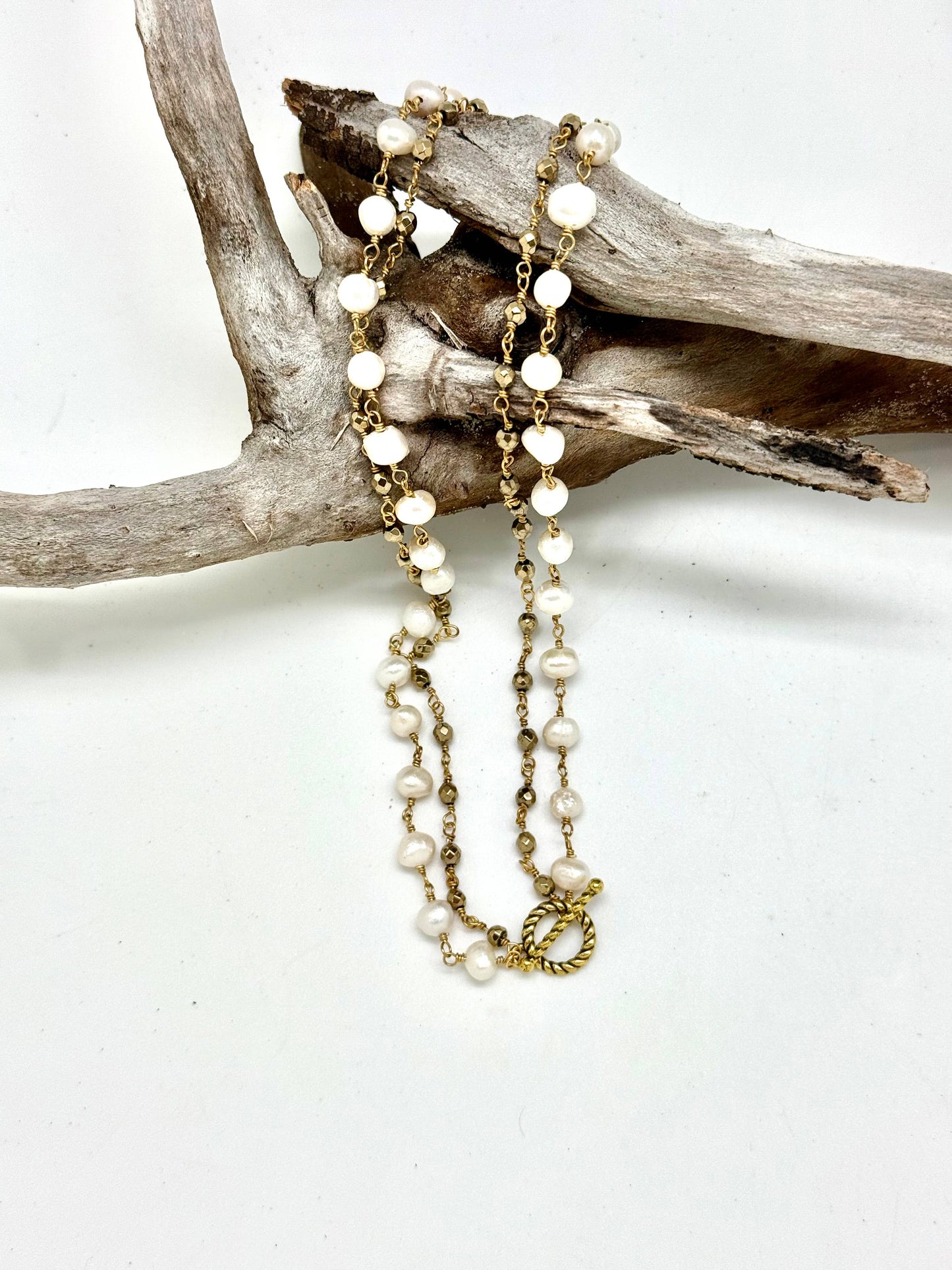 Necklace Baroque Pearl w/Pyrite Hematite Chain w/Toggle 18”