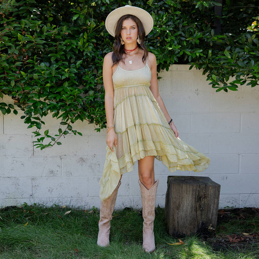 Boho Midi Dress with Ruched Bodice & Asymmetric Tiers