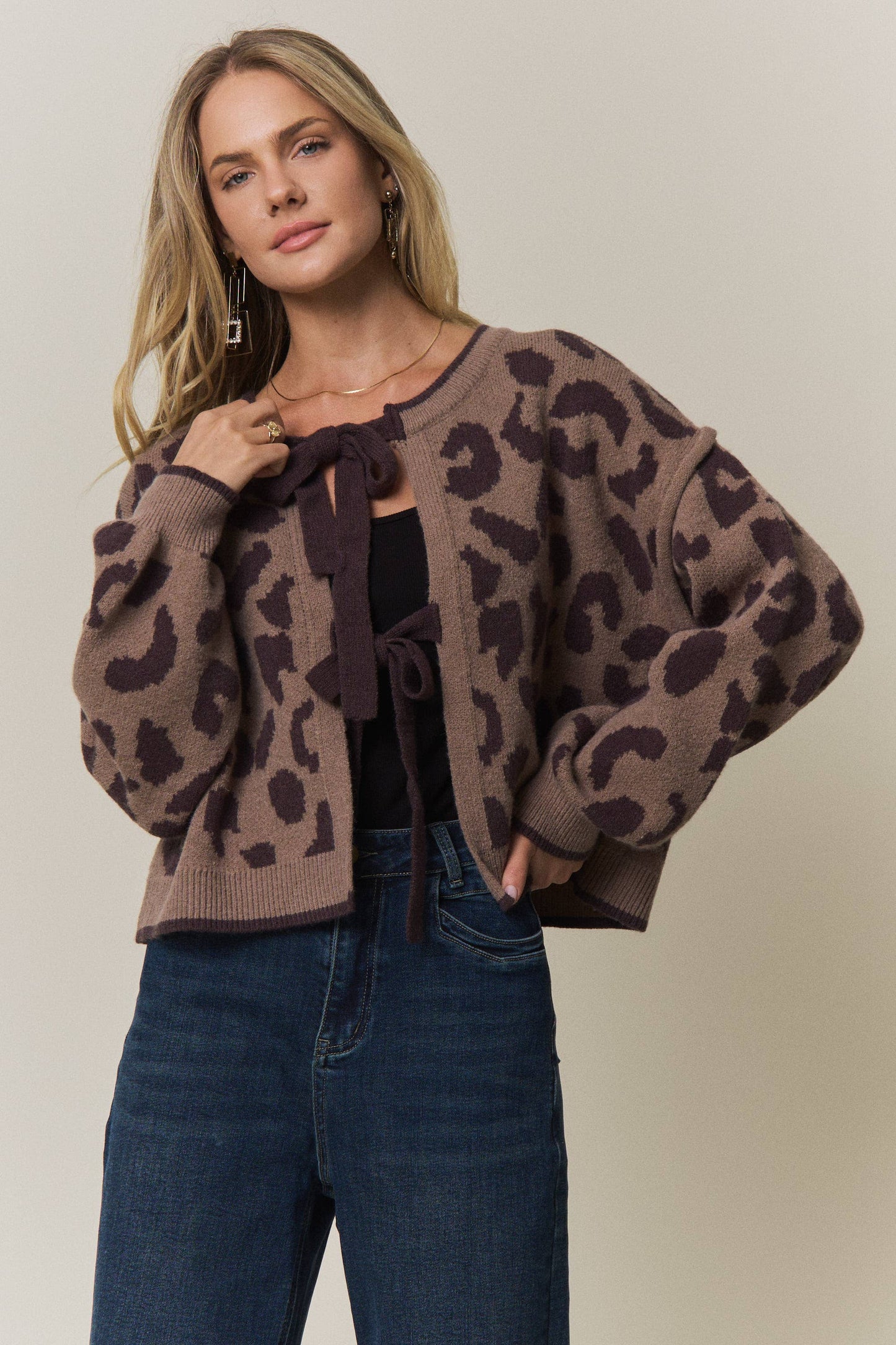 LEOPARD PRINT TIE-FRONT CARDIGAN - CESW4429