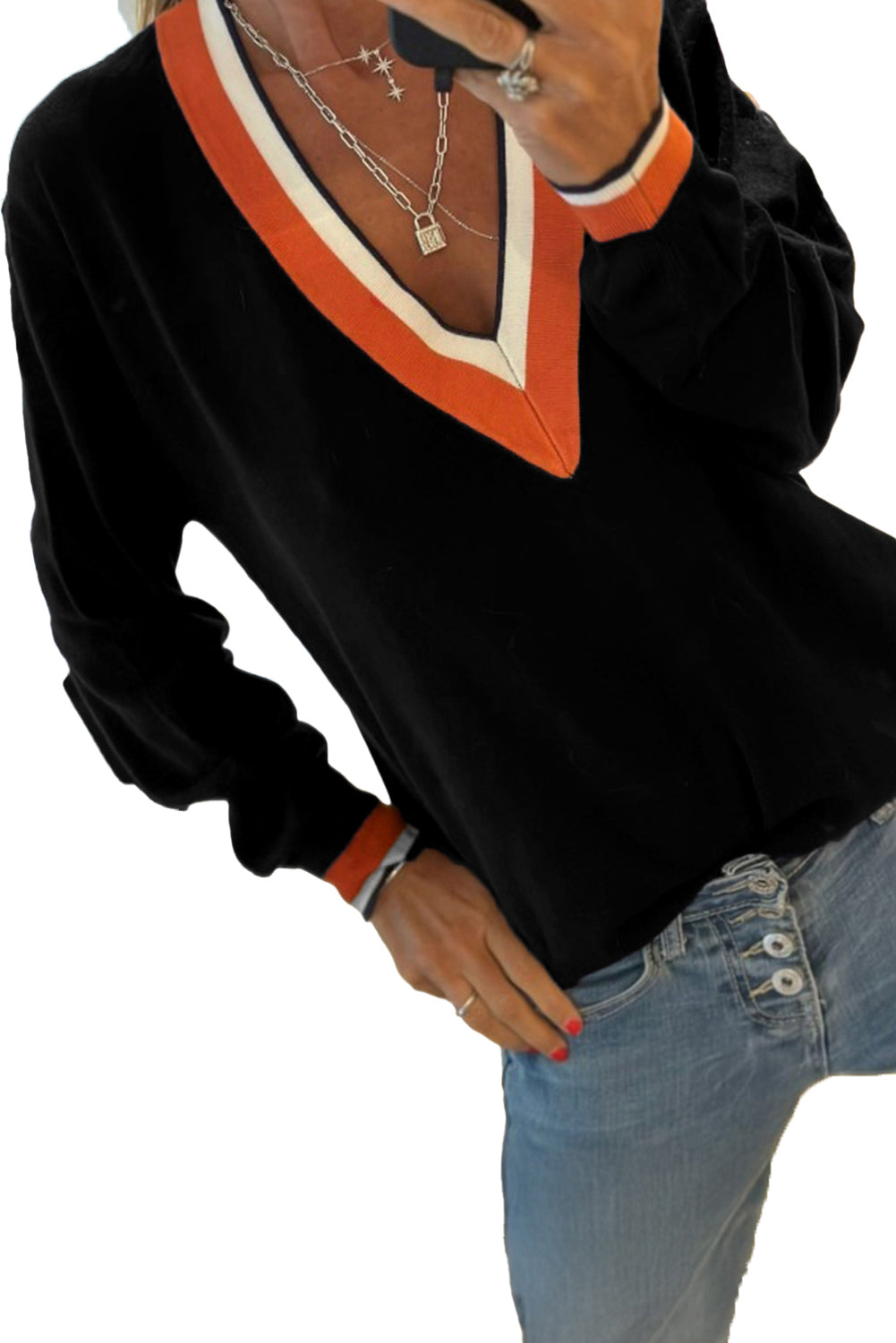 Dark Khaki Contrast Striped Trim V Neck Knit Sweater