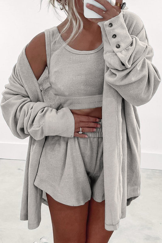 Gray Shirred Hem Crop Tank Top Loose Shorts Cardigan 3 Piece Pajama Set
