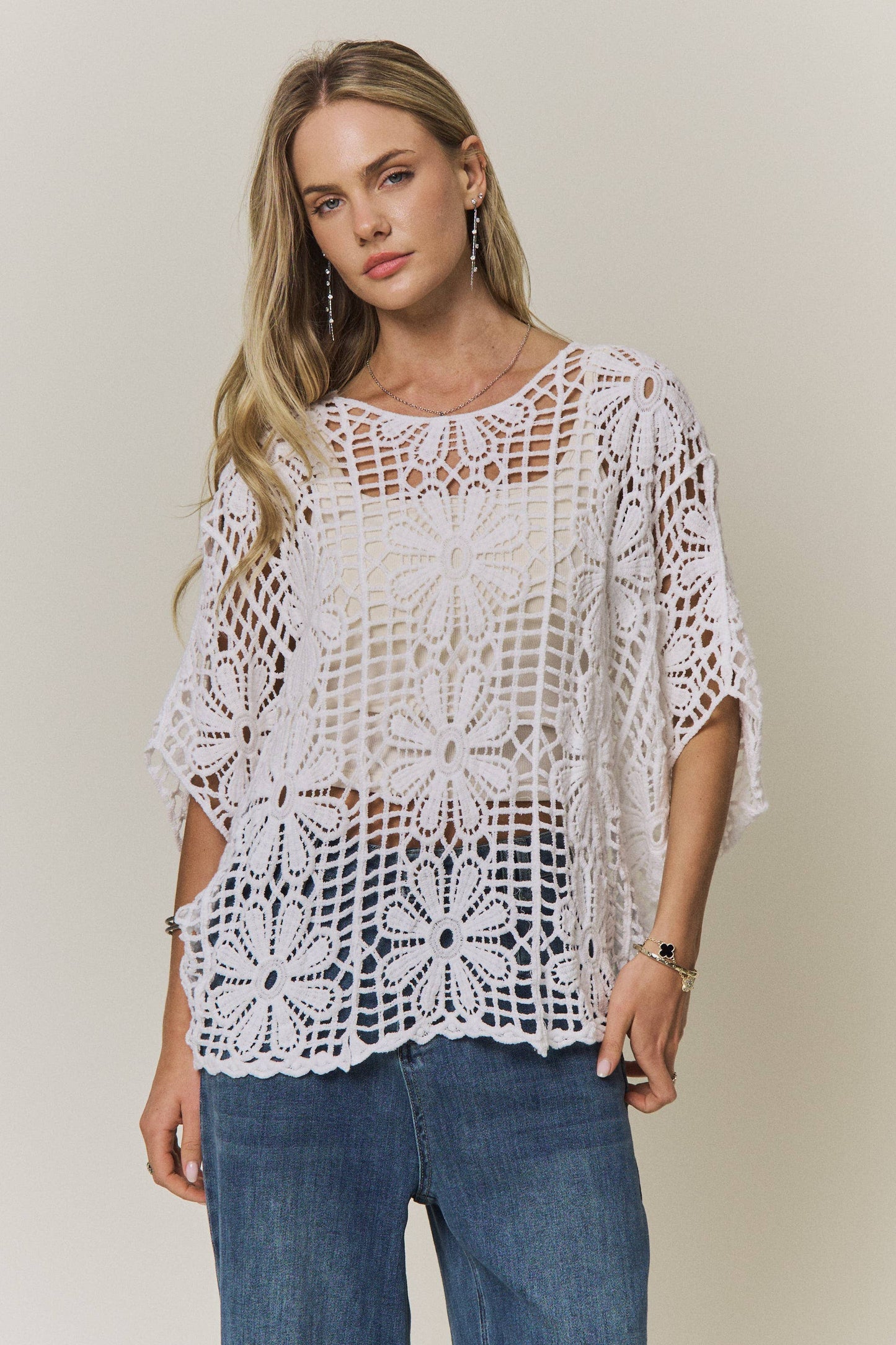 FLORAL CROCHET OPEN-KNIT TOP