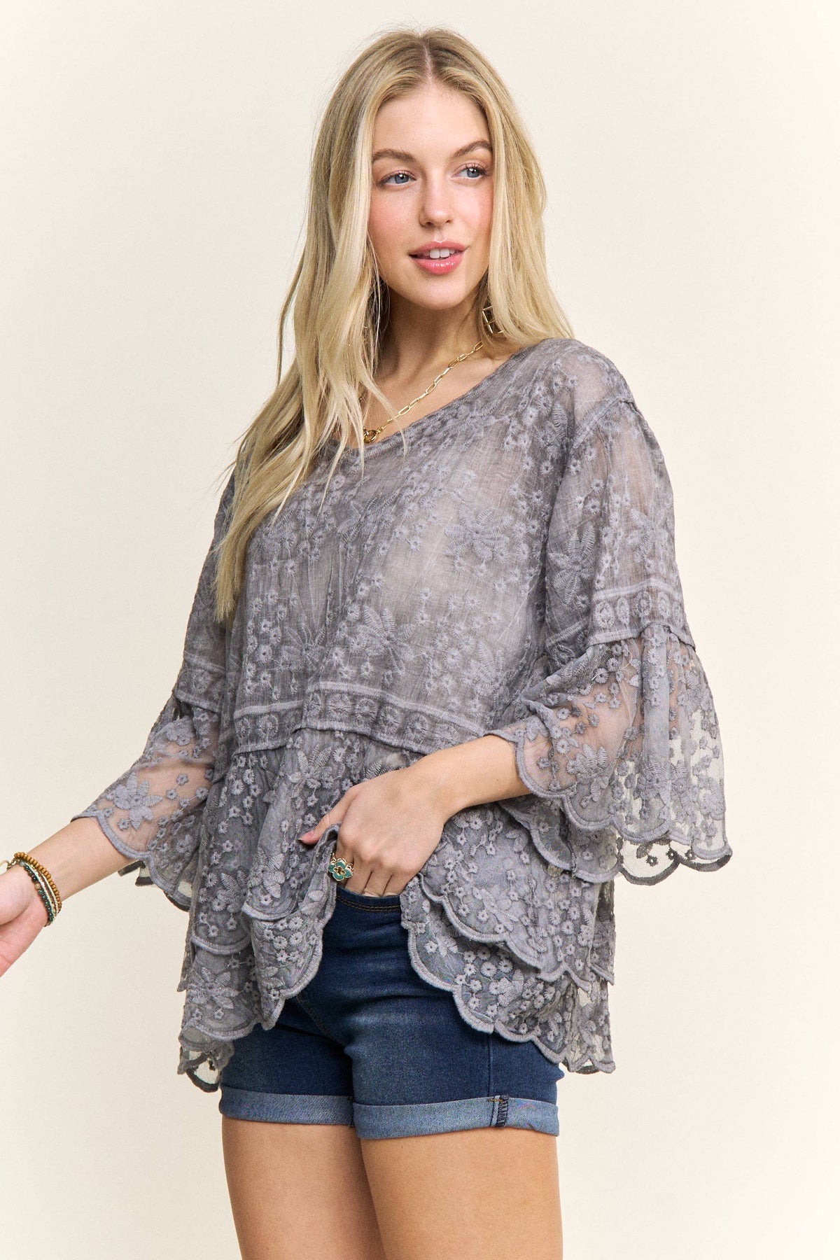 BELL SLEEVES LACE BLOUSE SCALLOP EDGE - CET3907