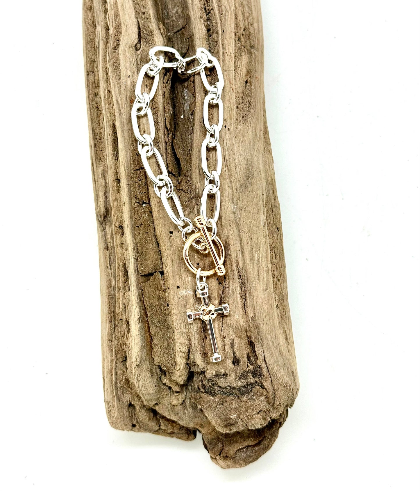 Bracelet Alloy Plated Silver Chain w/Multi Metal Cross 7”