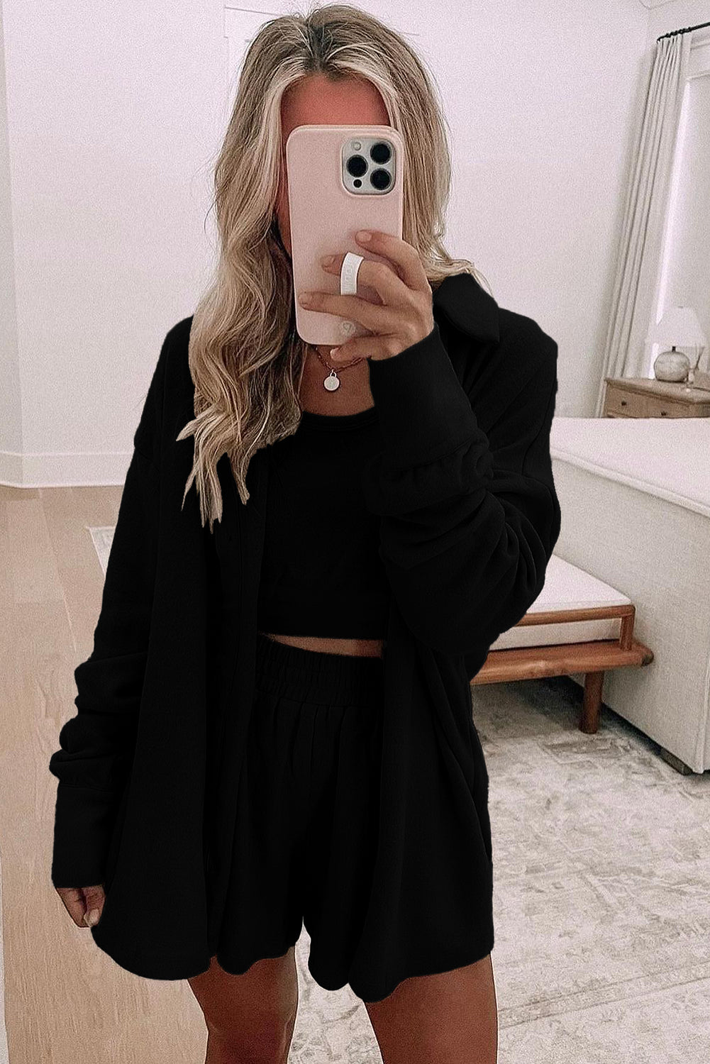 Gray Shirred Hem Crop Tank Top Loose Shorts Cardigan 3 Piece Pajama Set