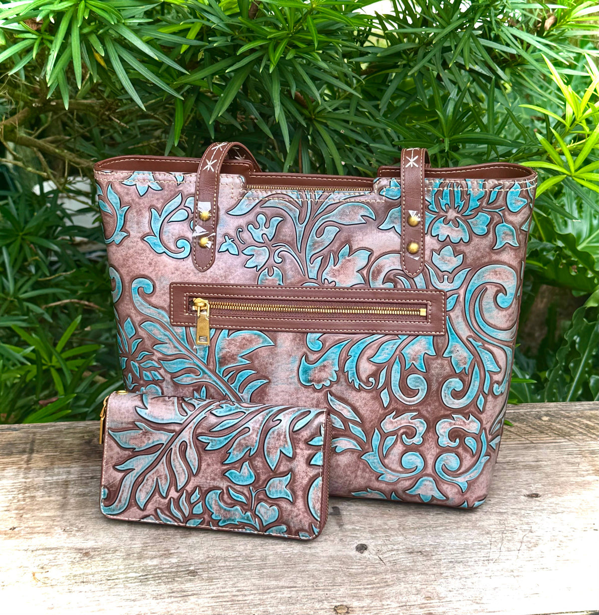 Upcycled LV Leather Tote Wallet Set Shoulder Bag Wristlet
