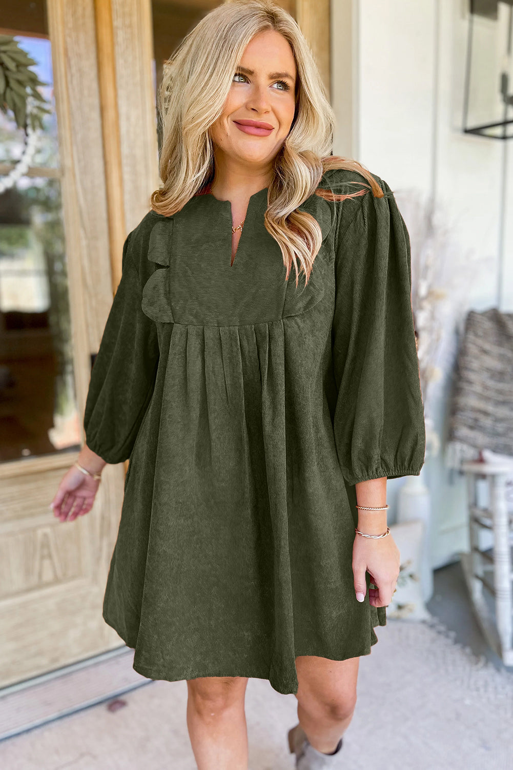 Split Neck Scallop Detail Pleated Corduroy Mini Dress