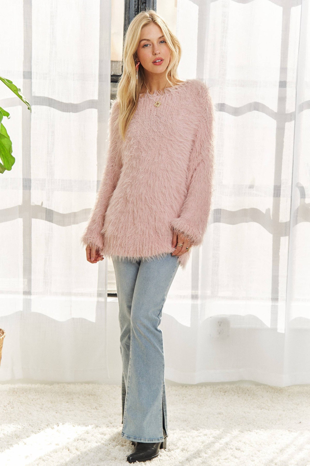 CESW3448A - BOAT NECK SOFT FUZZY SWEATER TOP