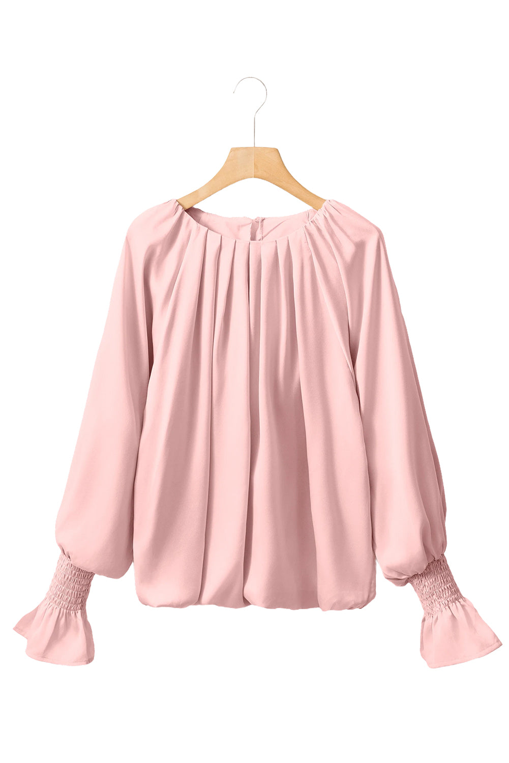 Pink Pleated Round Neck Smocked Cuffs Satin Blouse