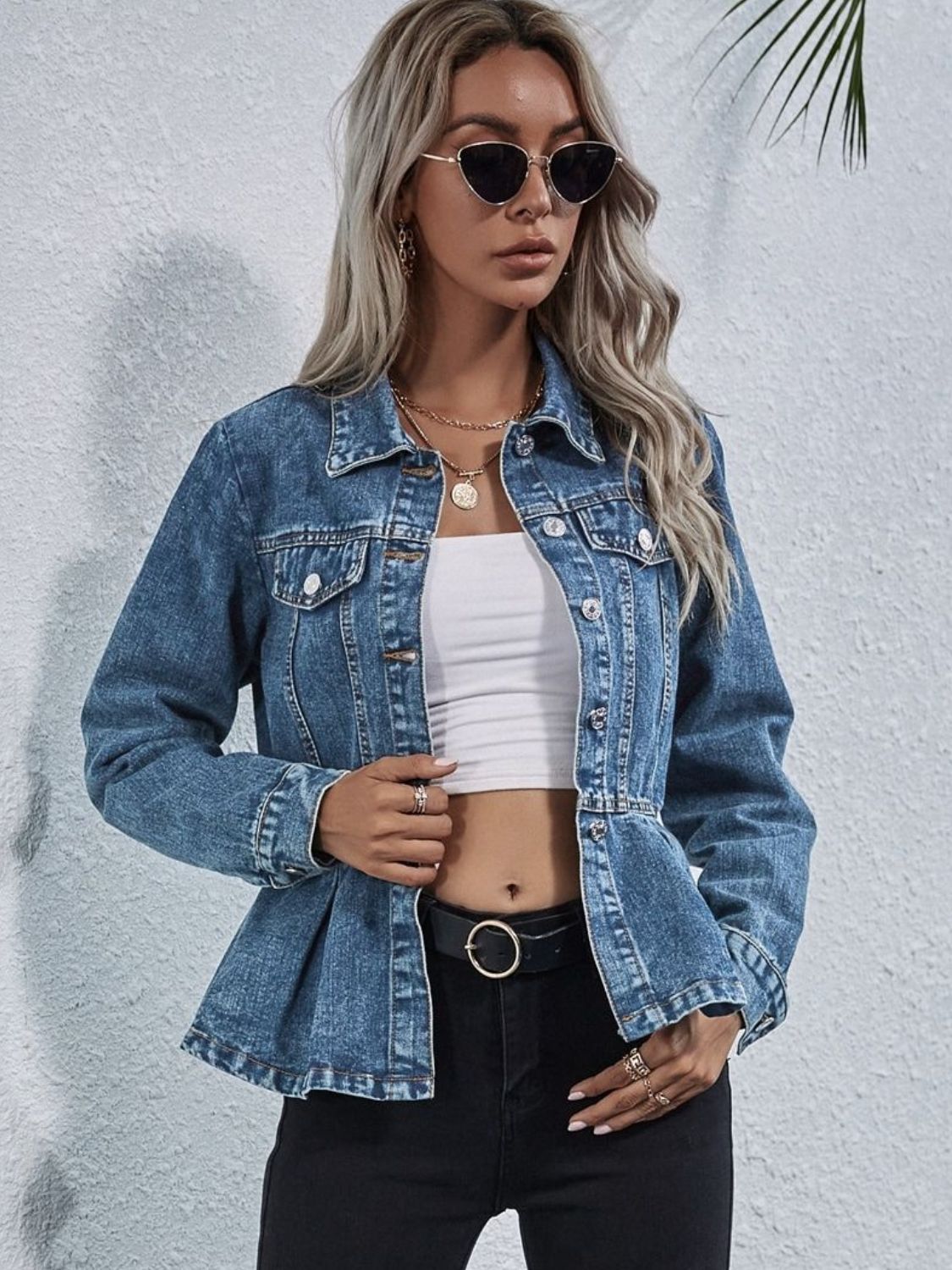 Collared Neck Long Sleeve Denim Top