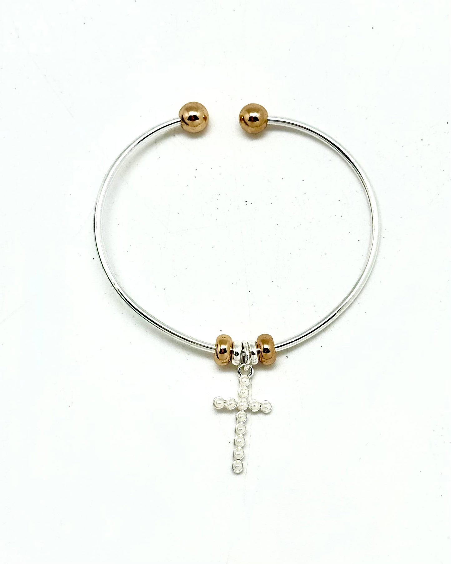 Bracelet Cuff Alloy Plated Silver with PearlGlass Bead Cross