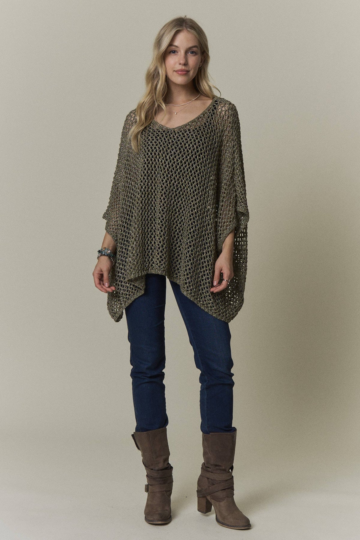 OPEN-KNIT PONCHO SWEATER TOP- CESW4486