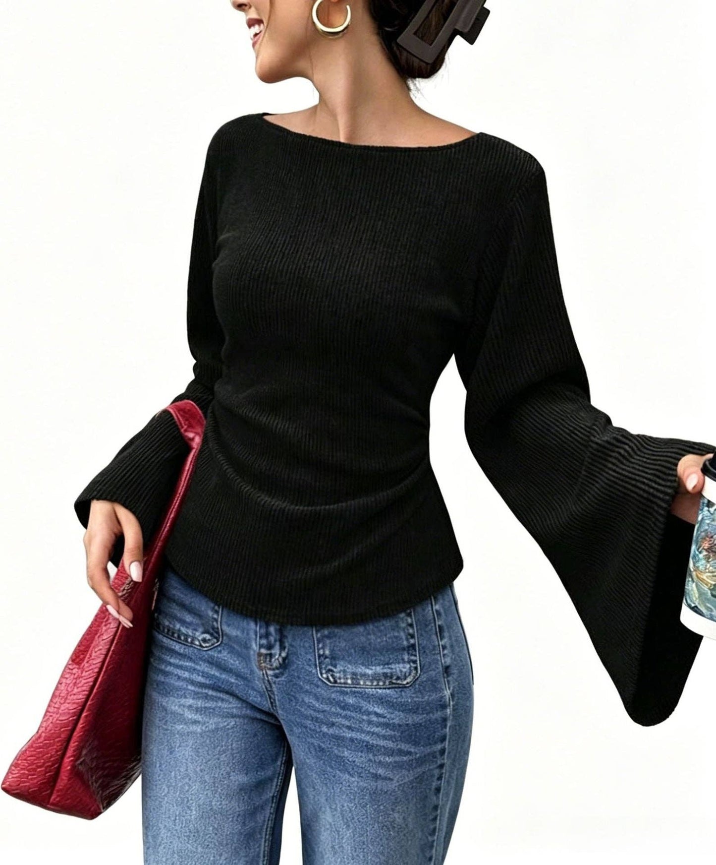 Slim Fit Bell Sleeve Ribbed Knit Top Casual Chic Women's Wear
