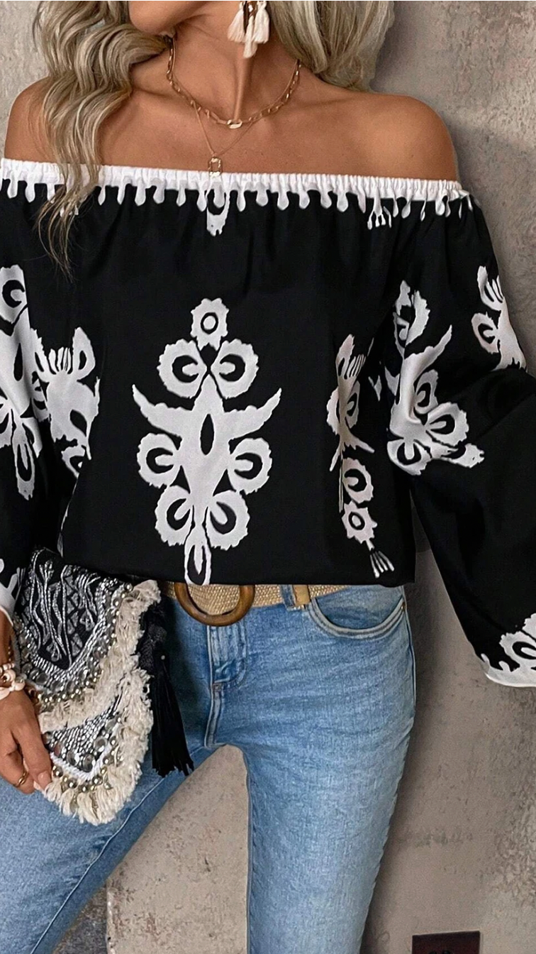 Print Off Shoulder Flounce Sleeve Blouse