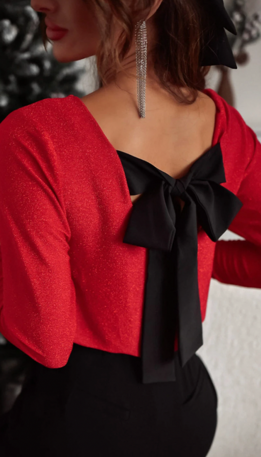 Racing Red Sweet Bowknot Backless V Neck Long Sleeve Top