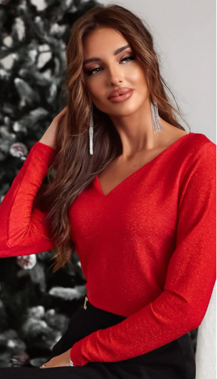 Racing Red Sweet Bowknot Backless V Neck Long Sleeve Top