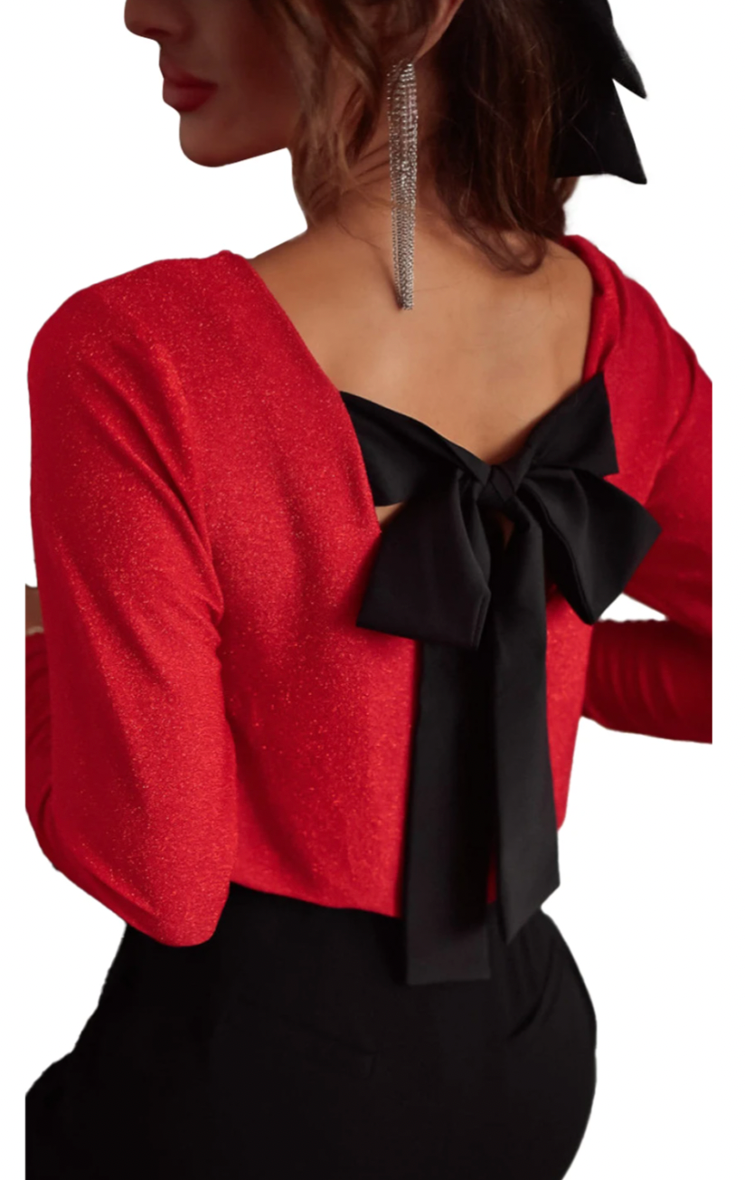 Racing Red Sweet Bowknot Backless V Neck Long Sleeve Top