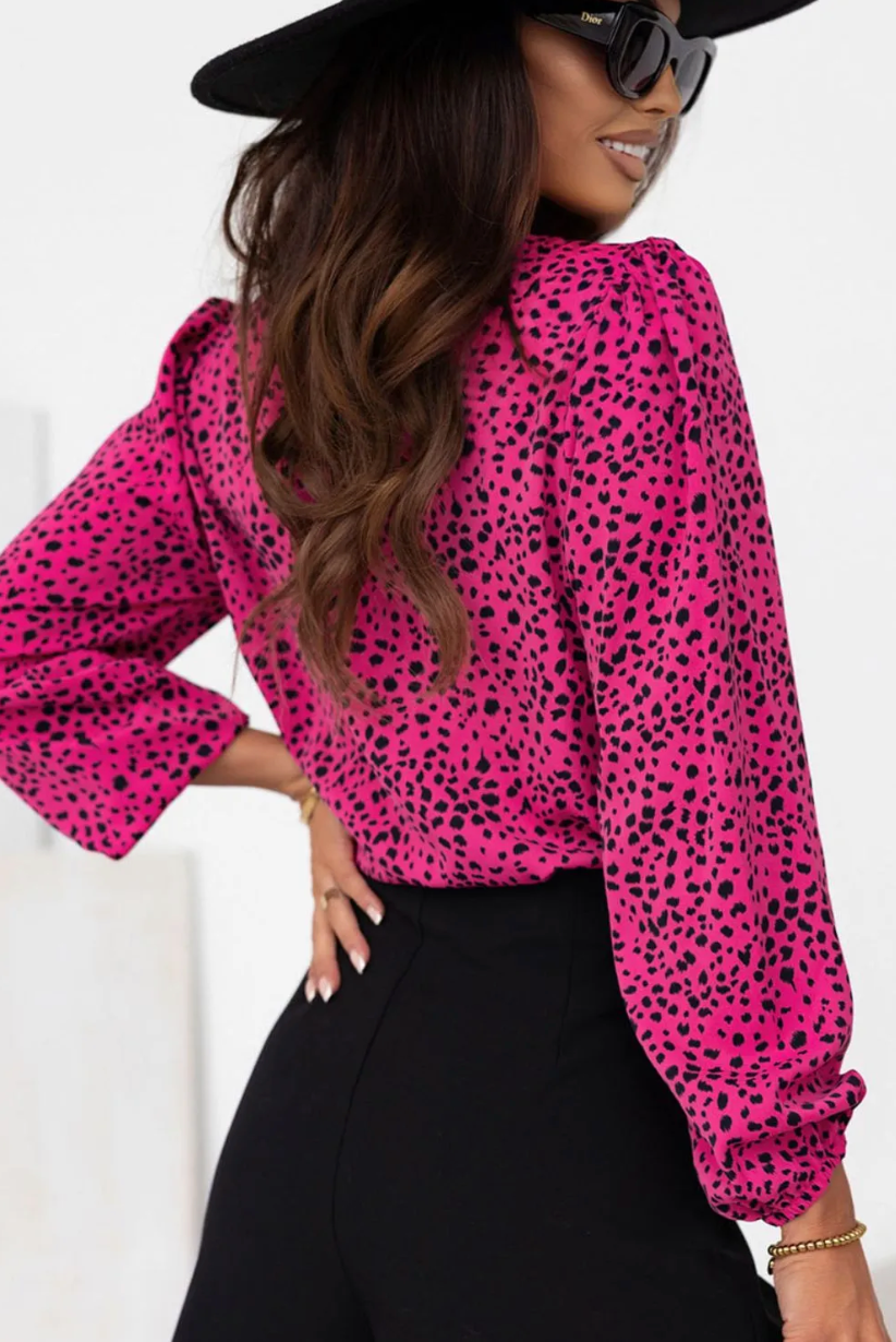 Leopard Round Neck Balloon Sleeve Blouse