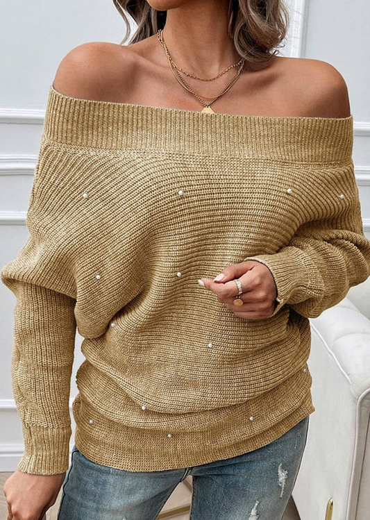 Pearl Trim Off Shoulder Knit Solid Loose Sweater