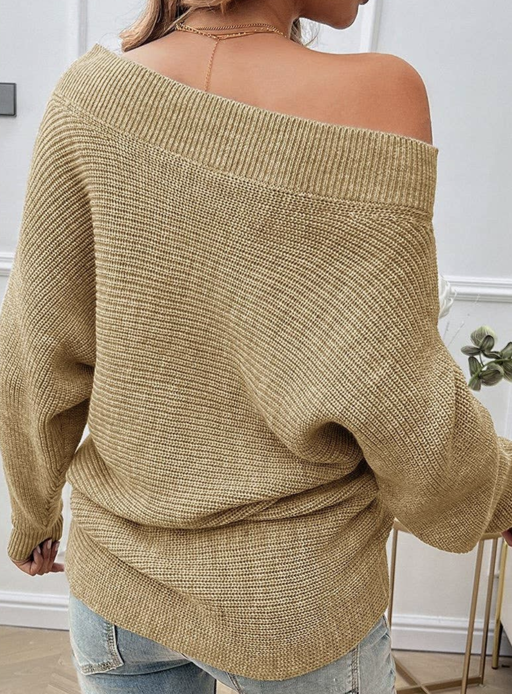 Pearl Trim Off Shoulder Knit Solid Loose Sweater