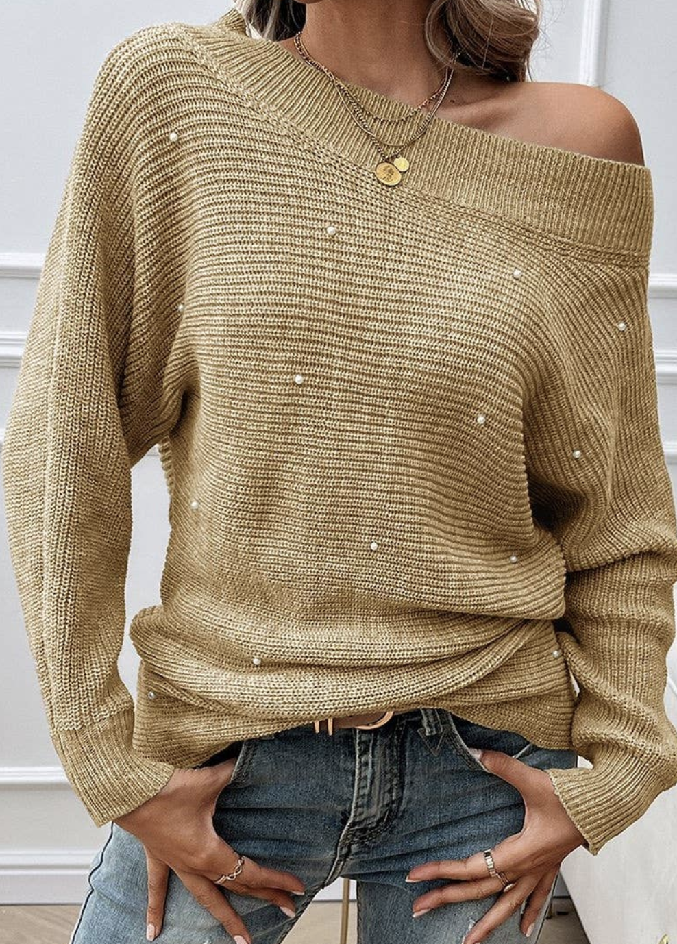 Pearl Trim Off Shoulder Knit Solid Loose Sweater