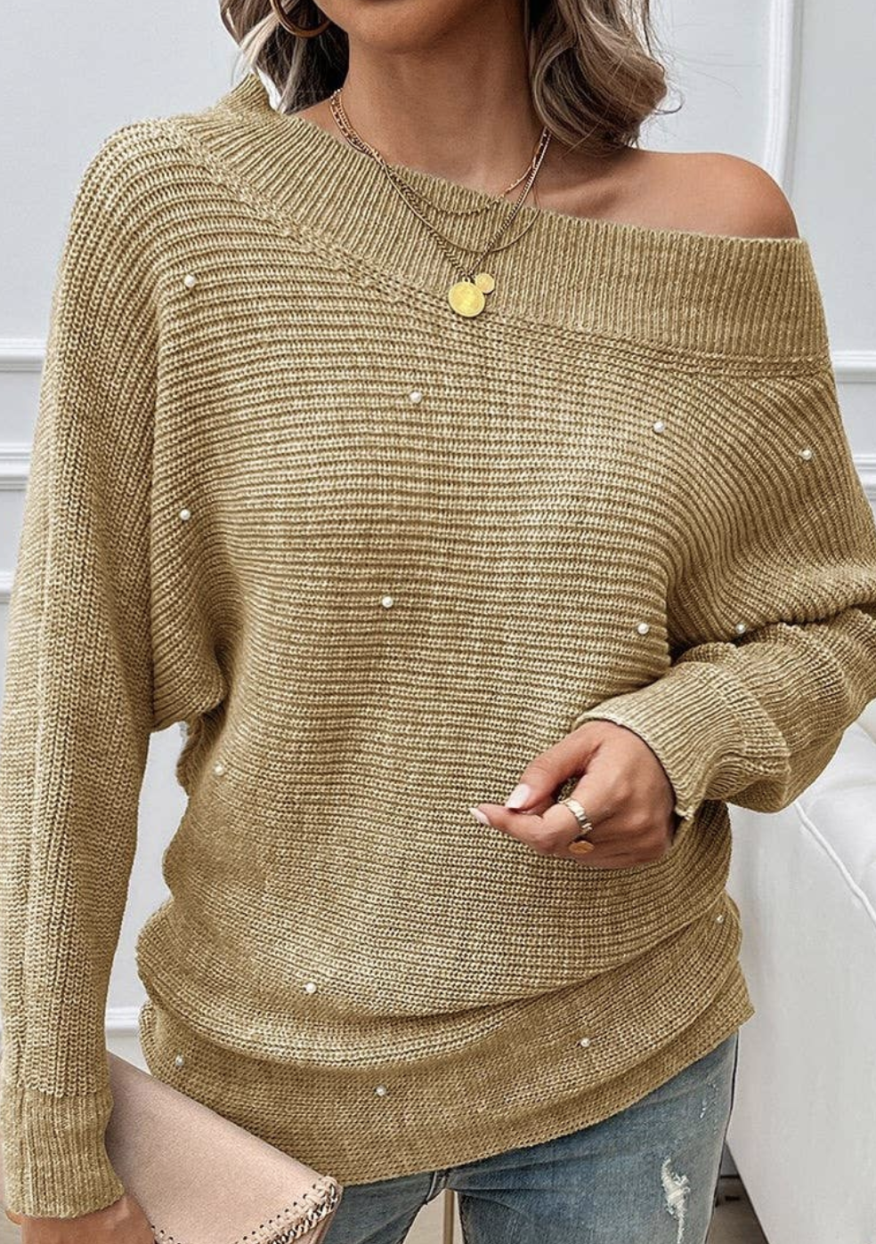 Pearl Trim Off Shoulder Knit Solid Loose Sweater