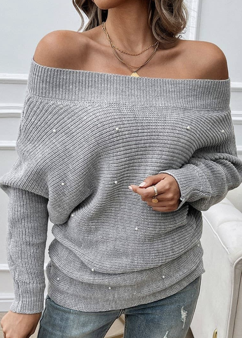 Pearl Trim Off Shoulder Knit Solid Loose Sweater