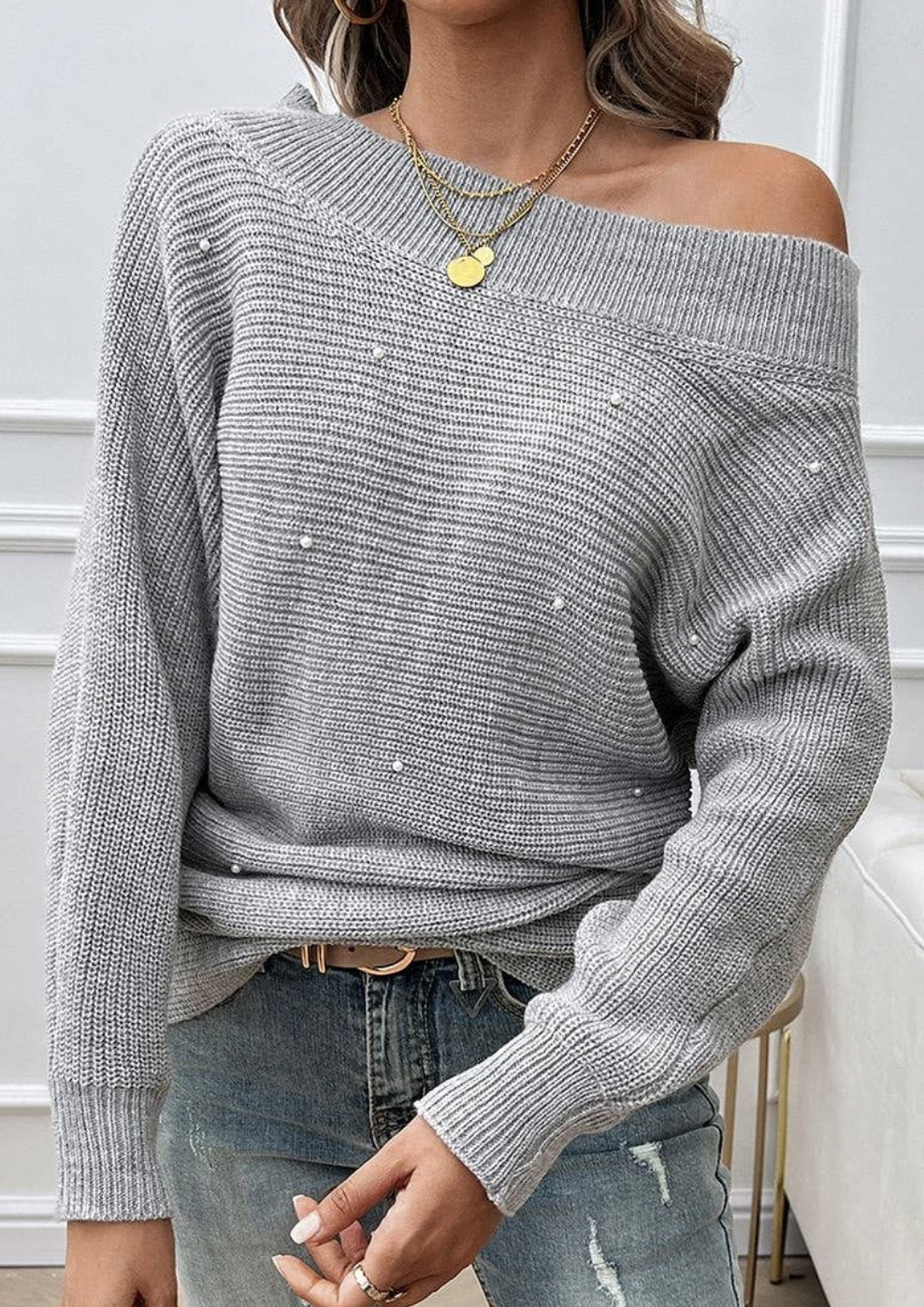 Pearl Trim Off Shoulder Knit Solid Loose Sweater