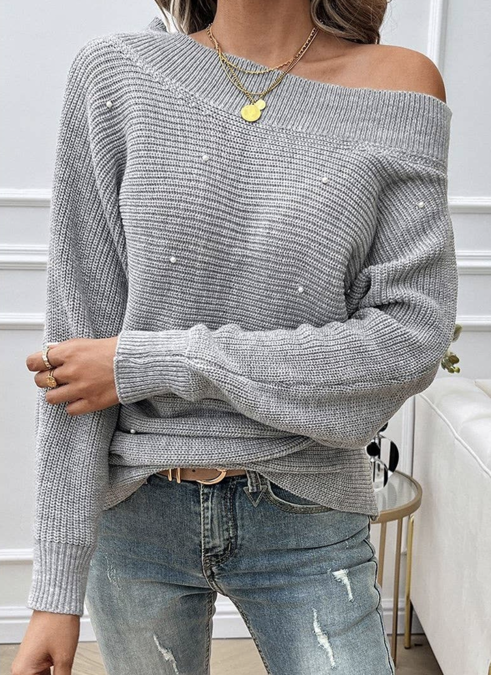 Pearl Trim Off Shoulder Knit Solid Loose Sweater