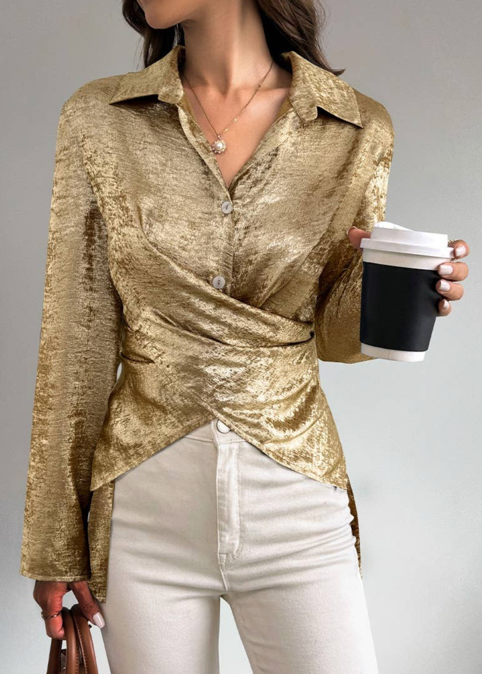 Metallic Button Long Sleeve Crossover Blouse