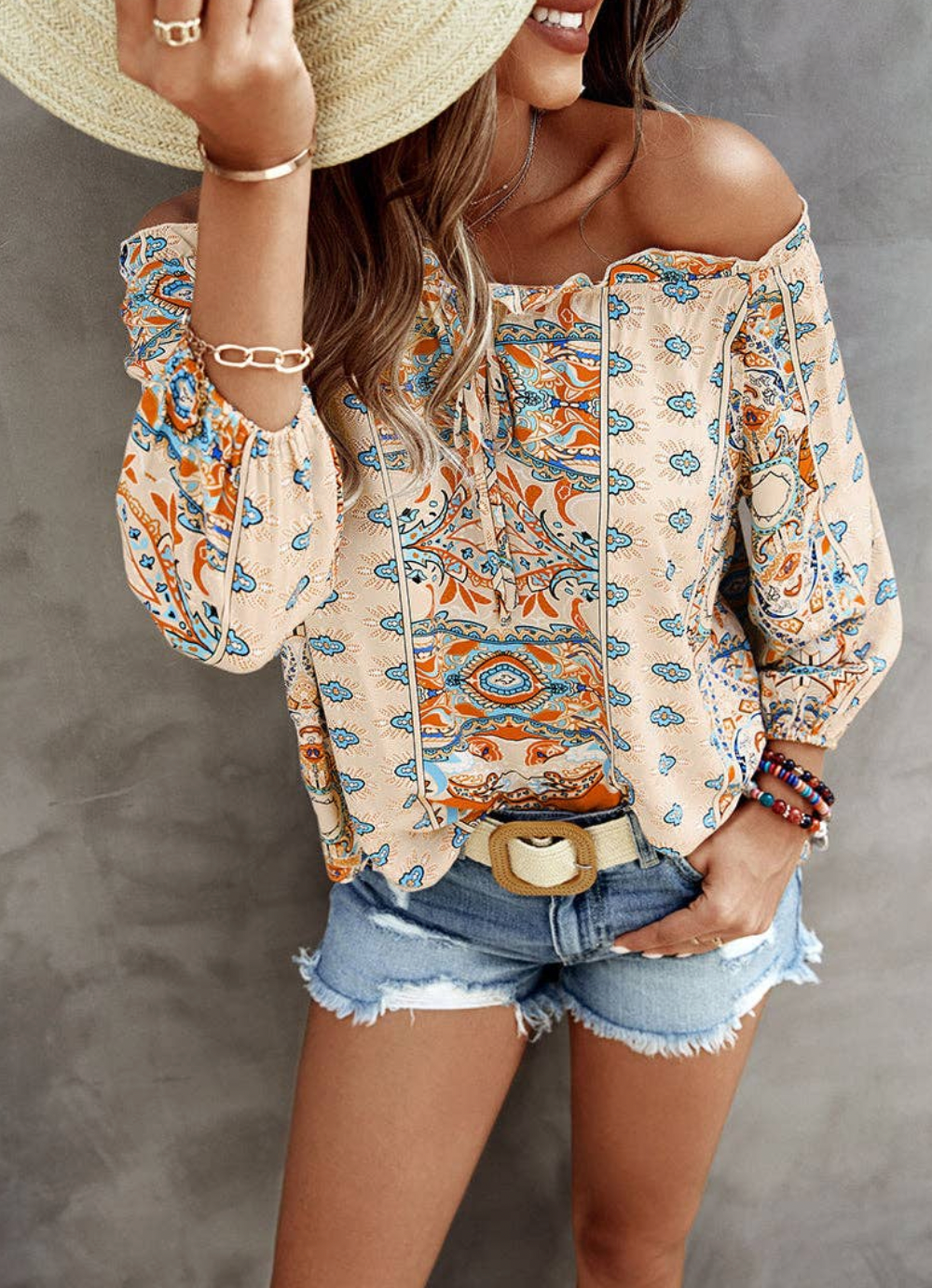 Feminine Graphic Off Shoulder Top