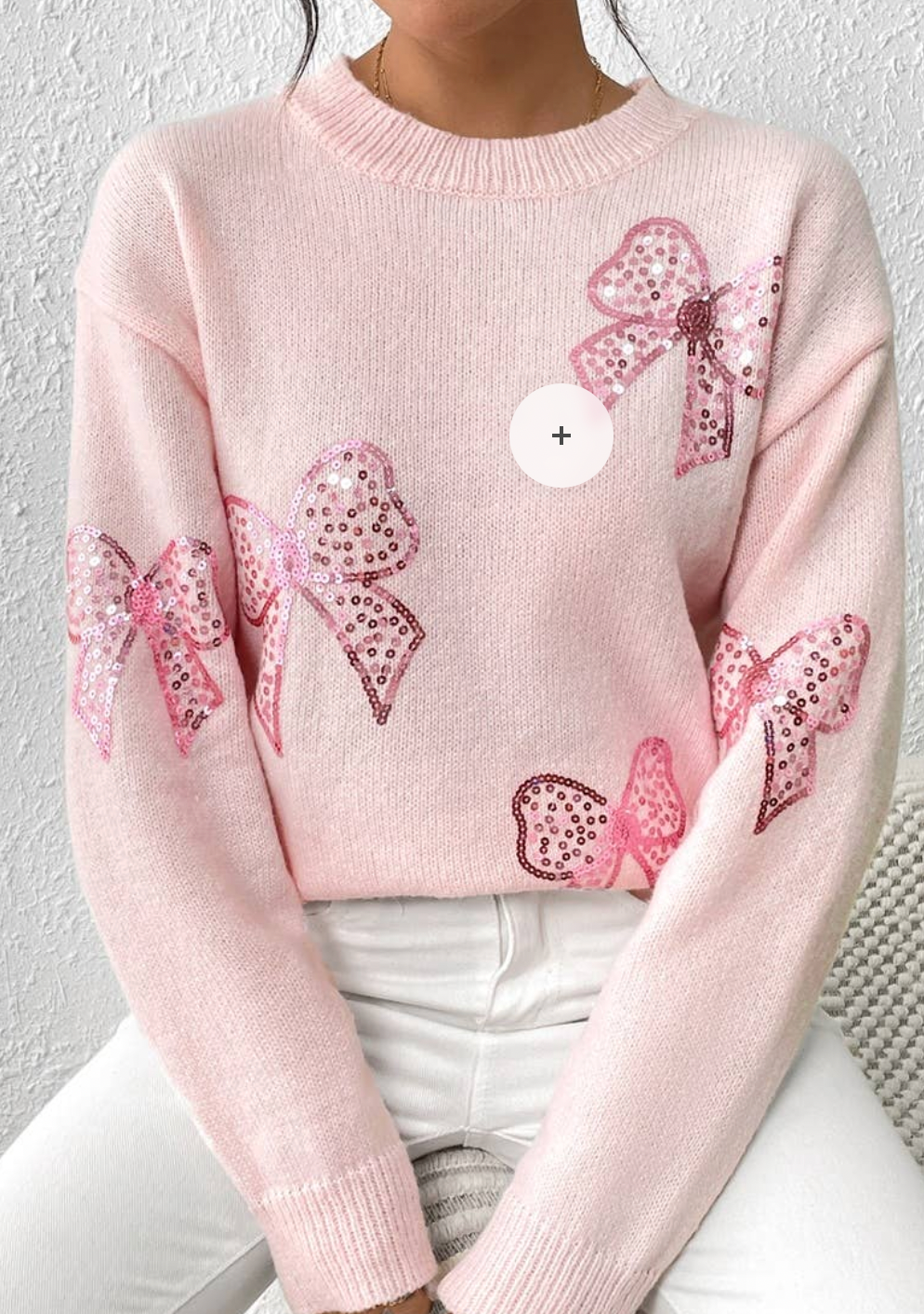 Knit Sequin Bow Round Neck Loose Fit Sweater